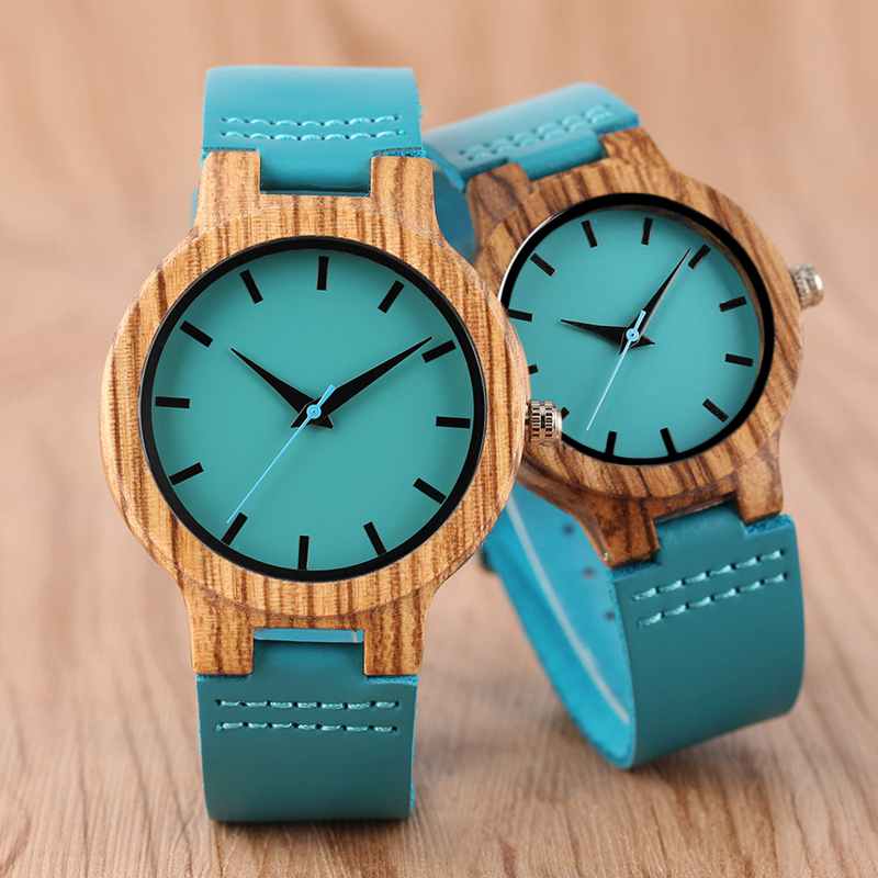 Top Luxury Royal Blue Wood Watch Quartz Wristwatch Natural Bamboo Clock Fashion Leather Valentine Day