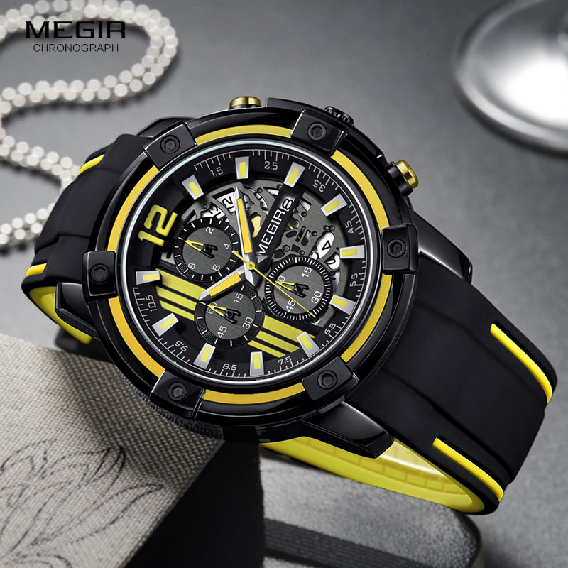 Men Sports Quartz Watch Yellow Chronograph with Black Silicone Strap Luminous Hands Waterproof 3 ATM Code 2097