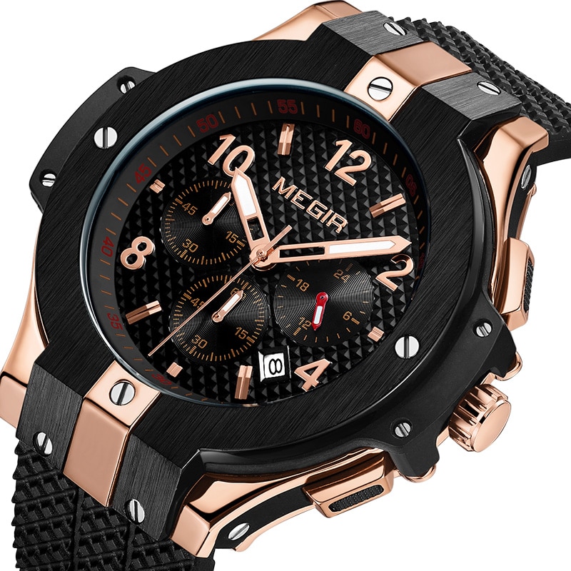 Men Watch Quartz Watch Gold Rubber Band 3ATM Water Resistant Chronograph Wrist Watch