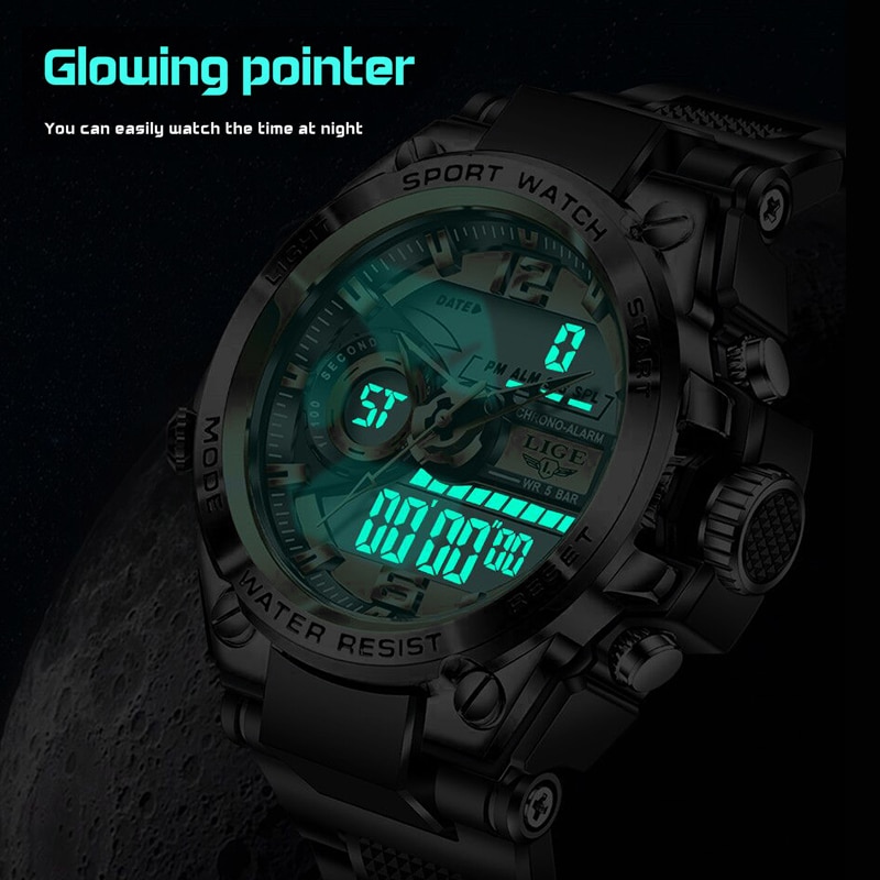 LIGE Men Military Watch Top Brand 50m Waterproof Wristwatch LED Alarm Clock Sport Watch Male relogios masculino Sport Watch Men