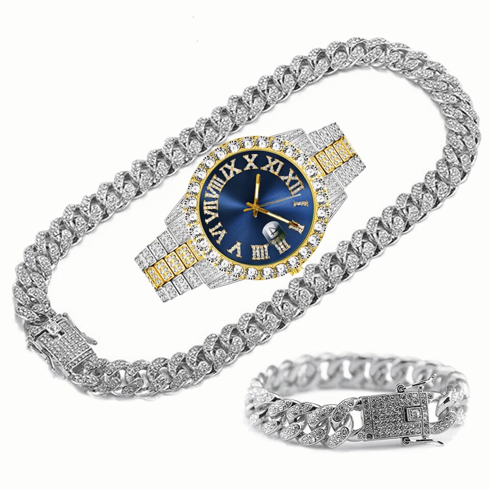 Full Iced Out Watch Mens Cuban Link Chain Bracelet Necklace Choker Bling Jewelry for Men Big Gold Chains Hip Hop Men Watch Set