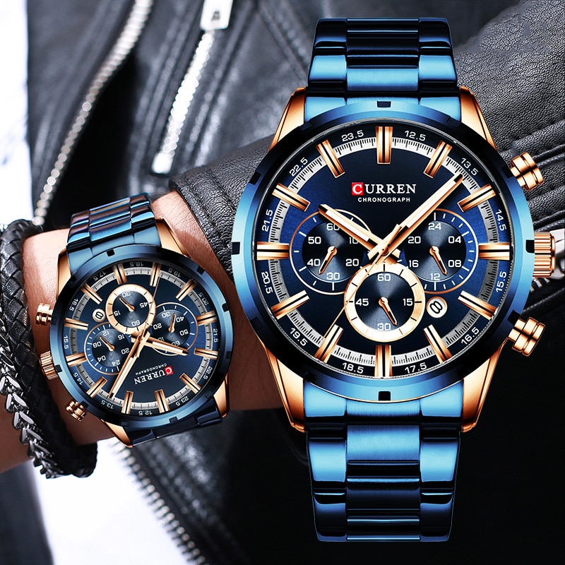 Men Watch Blue Dial Stainless Steel Band Date Mens Business Male Watches Waterproof Luxuries Men Wrist Watches for Men