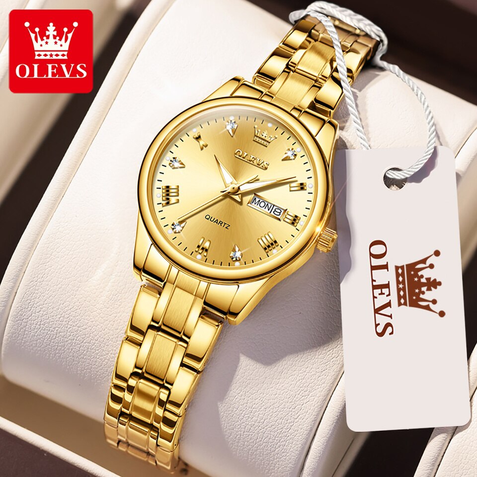 Watches Luxury Brands Fashion Rhinestone Stainless Steel Dual Calendar Quartz Ladies Wristwatches 5563 Reloj Mujer