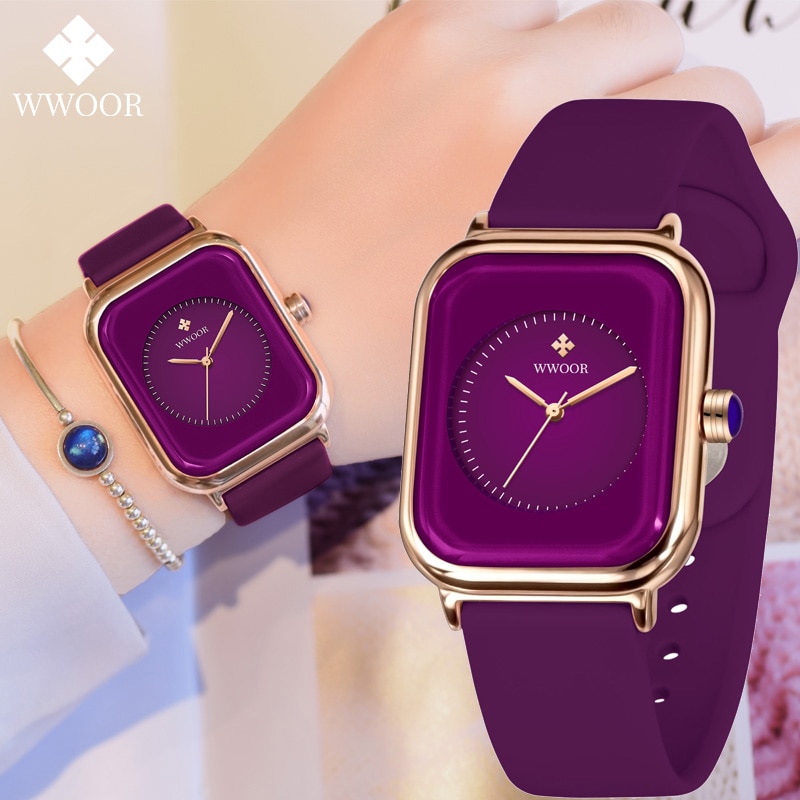 Luxury Brand Watches For Women Fashion Square Purple Ladies Quartz Wristwatch Waterproof Silicone Band Relogio Feminino
