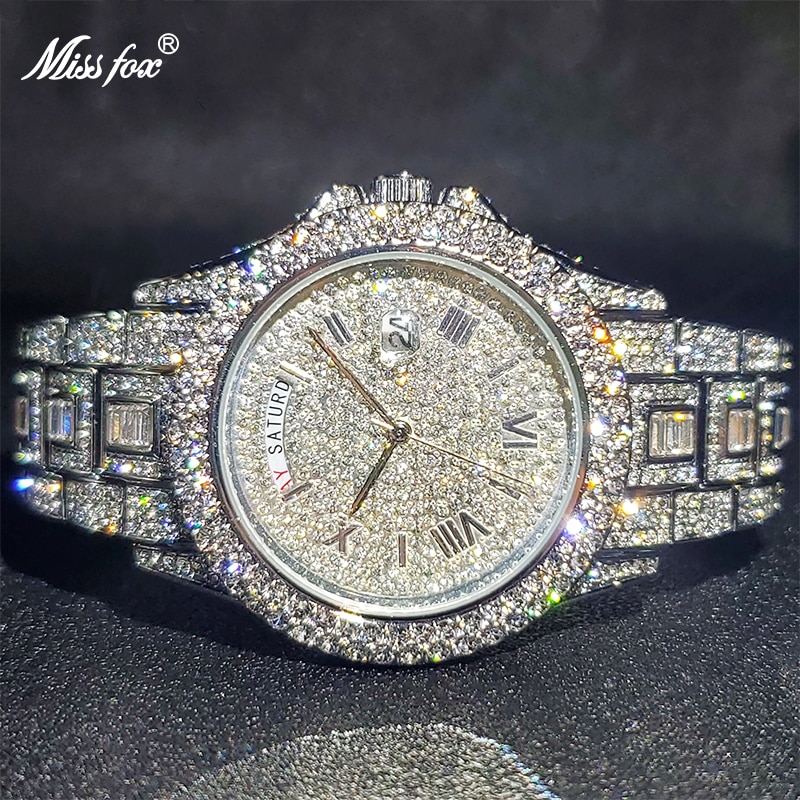 Relogio Masculino Luxury MISSFOX Ice Out Diamond Watch Multifunction Day Date Adjust Calendar Quartz Watches For Men