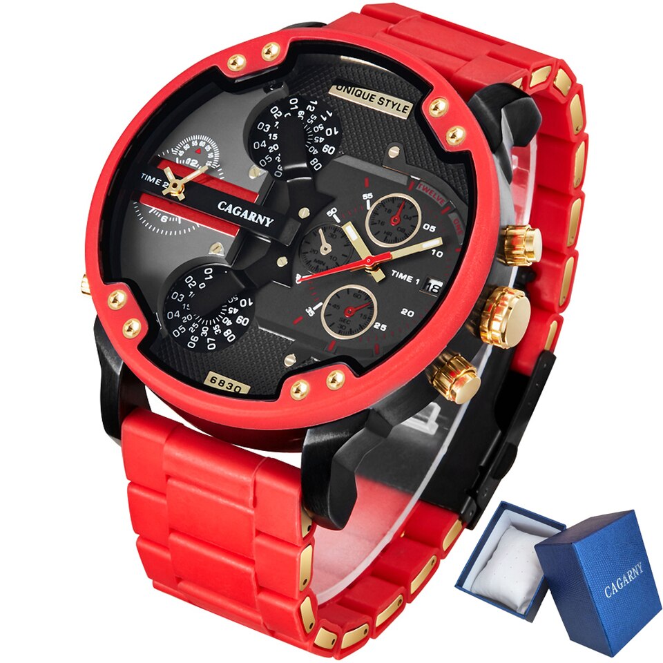 Gold Watch Men Luxury Brand Famous Dual Time Military Relogio Masculino 57mm 3D Large Case Quartz Mens Watches Red Male Clock
