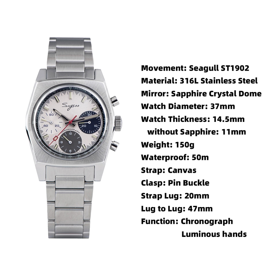 New 37mm Chronograph Watch of Men Seagull ST1902 Swan neck Movement Waterproof Mechanical Wristwatches Dome Sapphire