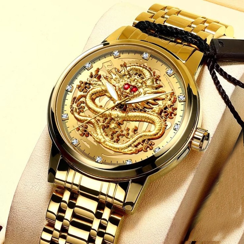 Luxury Embossed Gold Dragon Watch Men Full Steel Waterproof Watch Men Diamond Ruby Fashion Casual Japan Quartz Clock