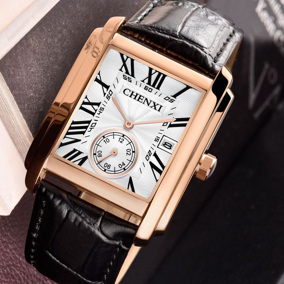 Top Luxury Brand Square Mens Wrist Watches Unique Design Rose Gold Calendar Stop Watch Genuine Leather Quartz Business Male Clock