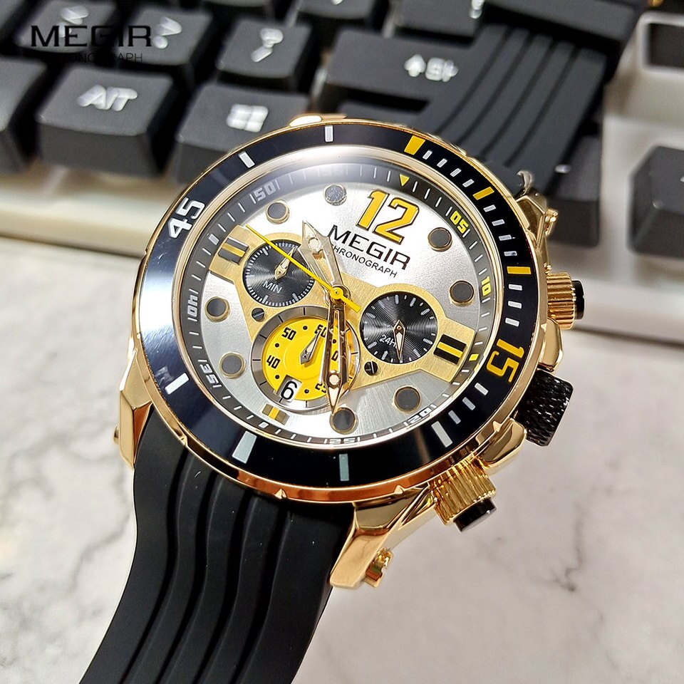 MEGIR Chronograph Watches for Men Fashion Military Sport Silicone Strap Wristwatch with Auto Date Waterproof Quartz Watch