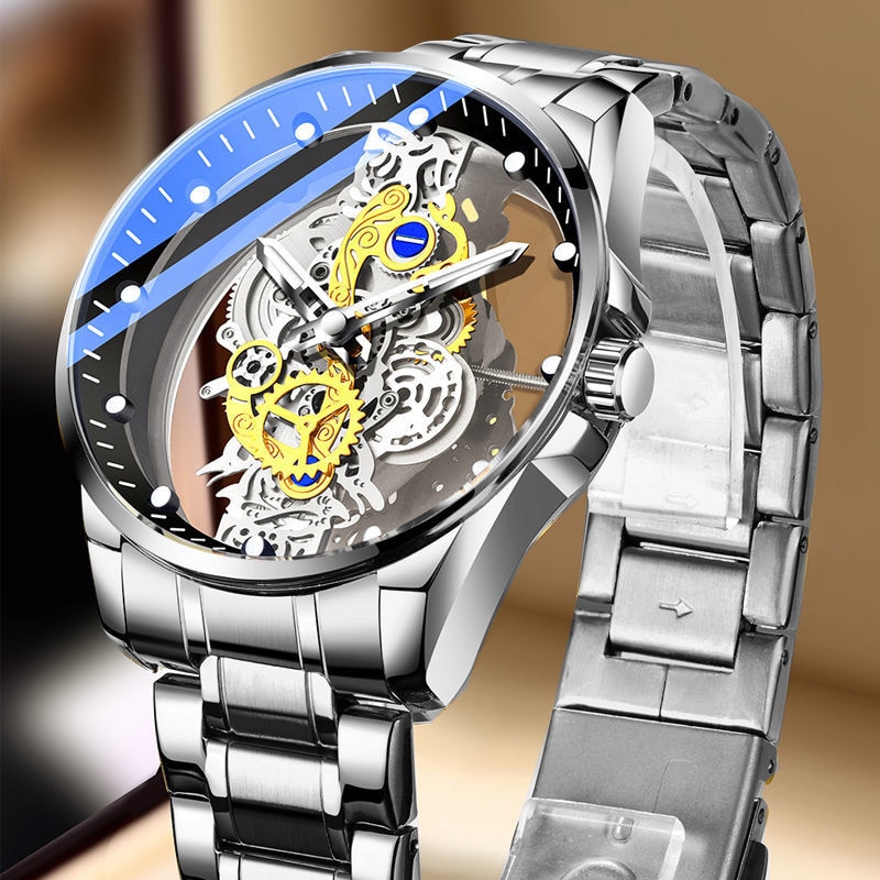 Authentic Skeleton Quartz Watch Stainless Steel Waterproof Men Watches Built-in Battery Drive Tansparent Luxury Original A4281