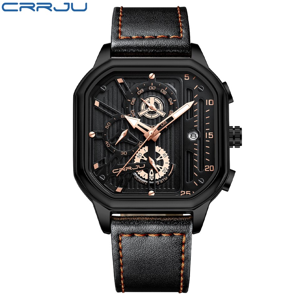 Square Dial Leather Mens Watches Luxury Sport Waterproof Watch Man Chronograph Quartz WristWatches Homme+Box