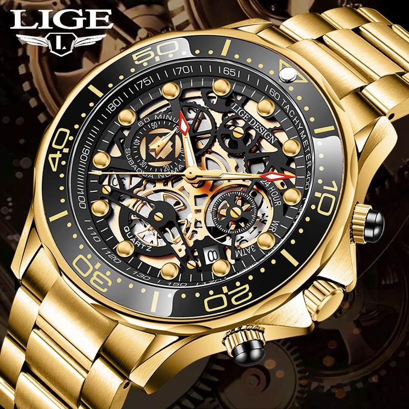Gold Mens Watche Top Brand Luxury Stainless Steel Quartz Watch For Men Waterproof Sport Clock Male Chronograph