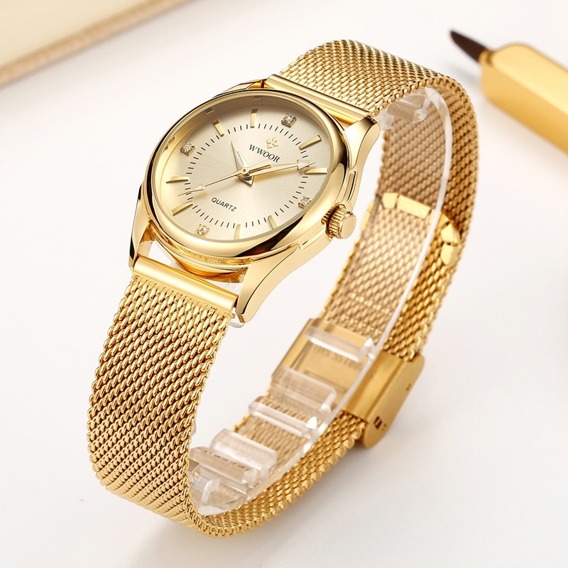 Luxury Brand Dress Gold Watch Ladies Elegant Diamond Small Quartz Wrist Watches For Women Steel Mesh Clock zegarek damski