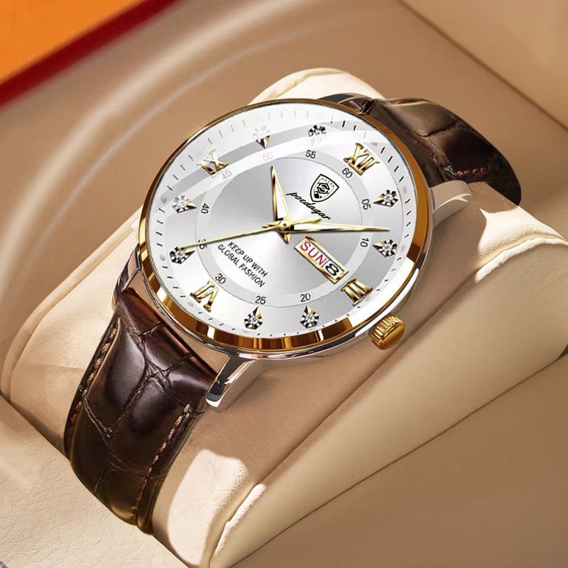 Men Watch Fashion High Quality Leather Watches Waterproof Luminous Week Date Top Brand Luxury Quartz Man Wristwatch