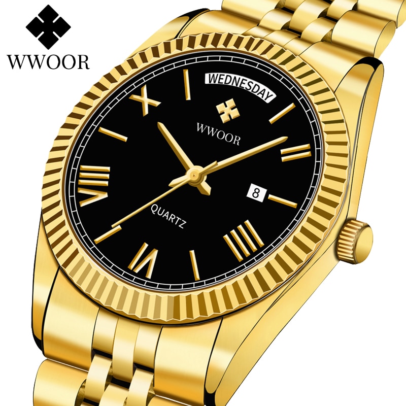 New Gold Watches Mens Luxury Stainless Steel With Calendar Warter proof Male Clock Week Quartz Wristwatch Relogio Masculino