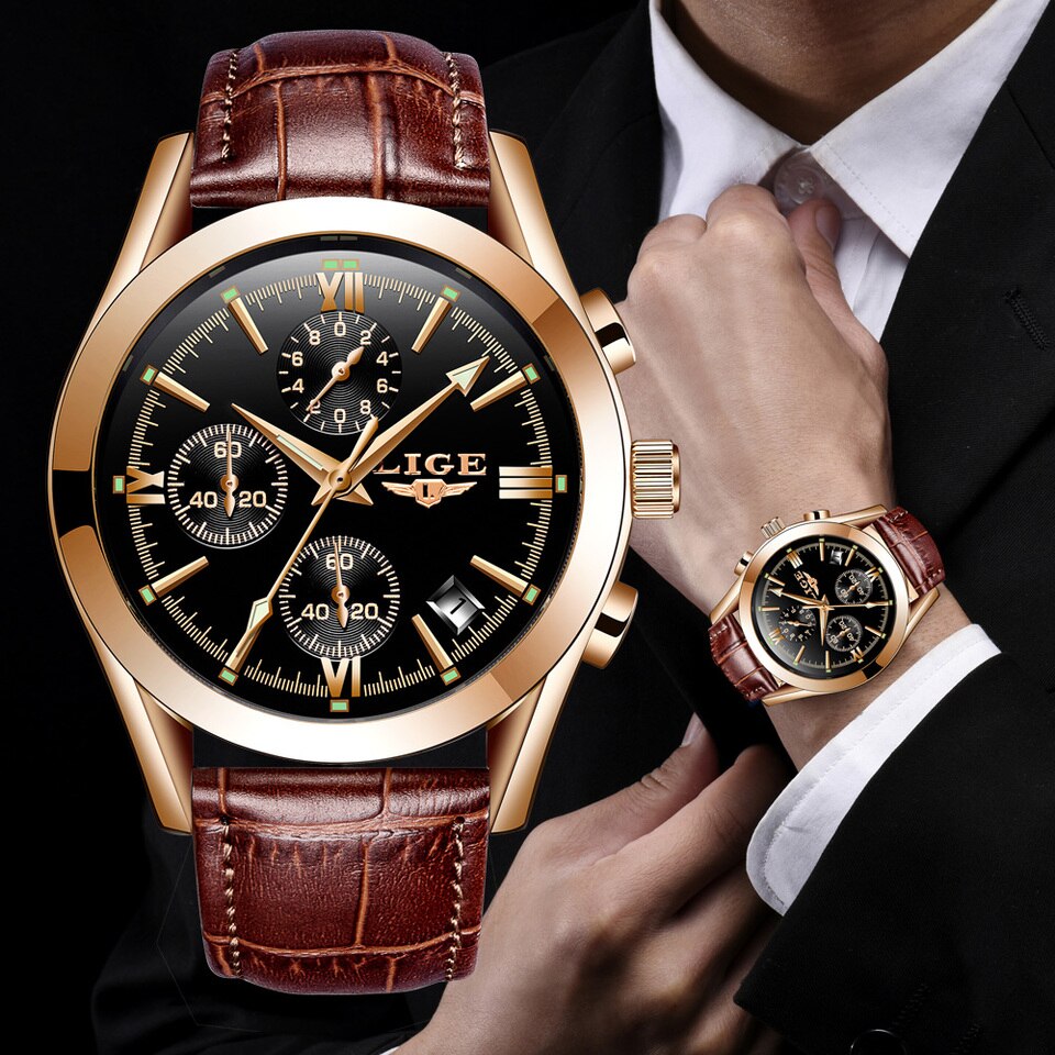 Men Watches Top Brand Luxury Military Quartz Watch Premium Leather Waterproof Sport Chronograph Watch for Men