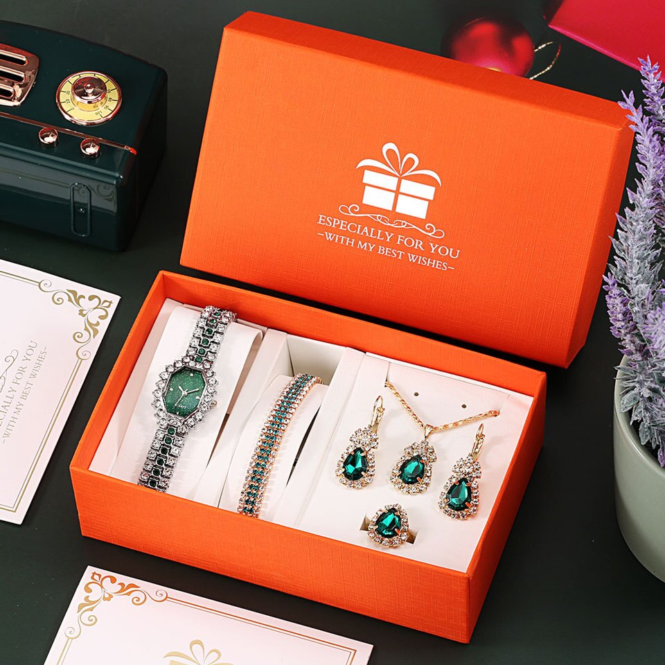Women Bracelet Watches Luxury Diamond Necklace Earrings Set Gift for Girlfriend Fashion Elegant Green Quartz Wristwatches