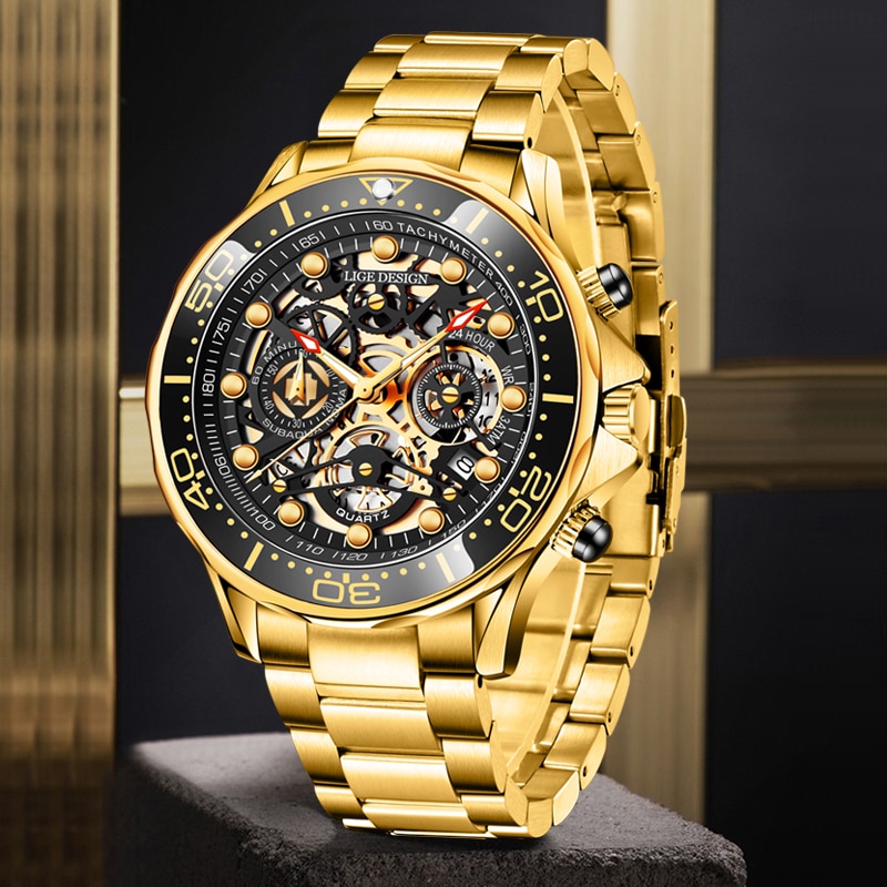 Gold Mens Watche Top Brand Luxury Stainless Steel Quartz Watch For Men Waterproof Sport Clock Male Chronograph
