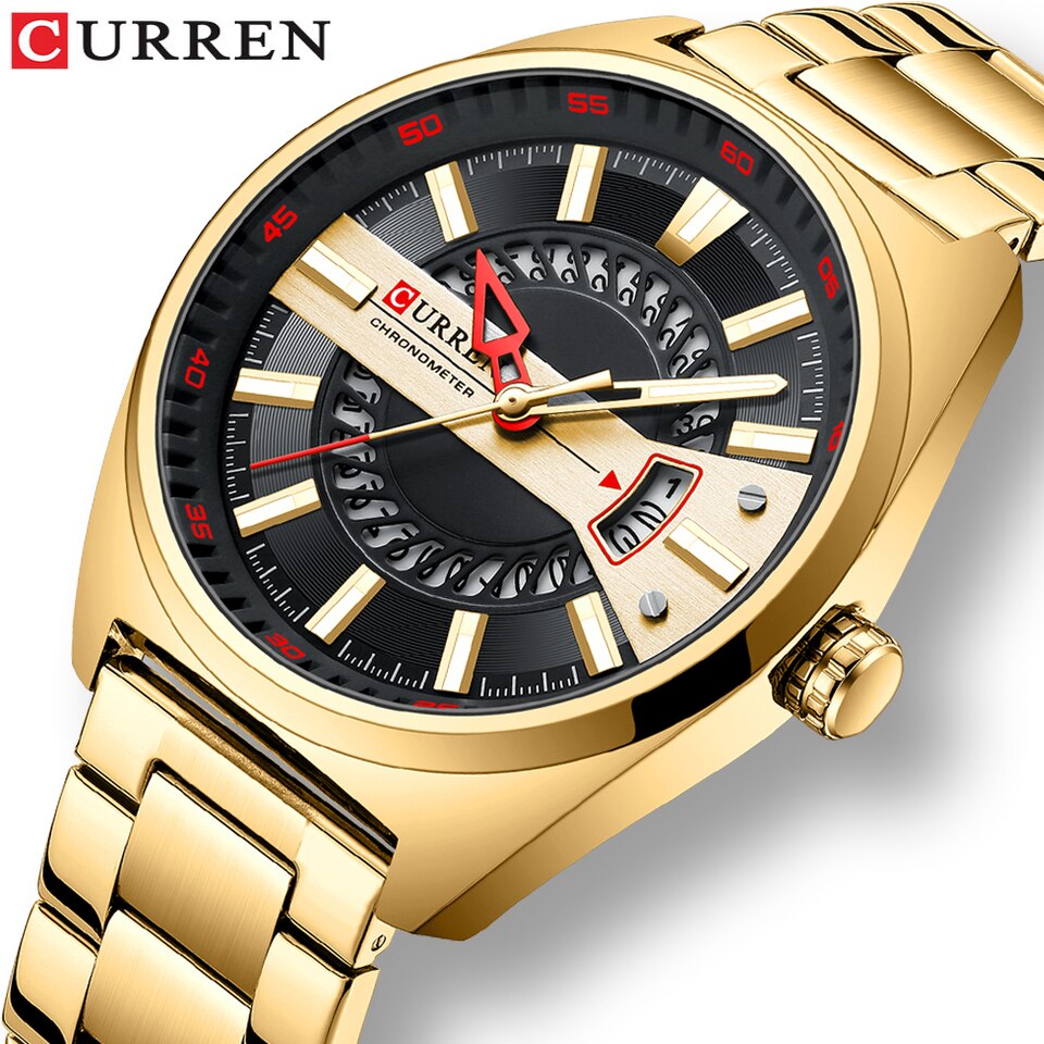 Men Watch Stainless Steel Band Luxury Quartz Wristwatches for Male Creative Design Golden Clock with Luminous