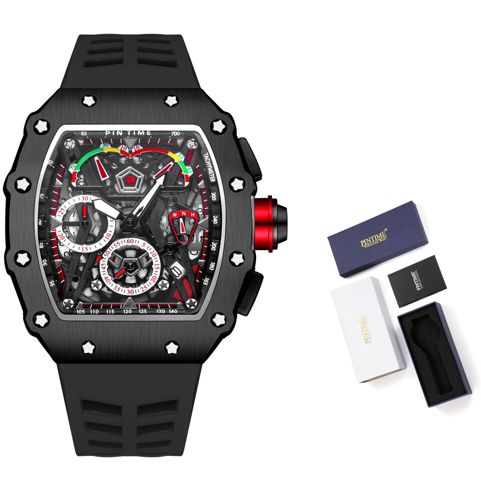 Men Fashion Sport Watch Chronograph Function Stopwatch Red Rubber Strap Auto Date Male Luxury Wristwatch