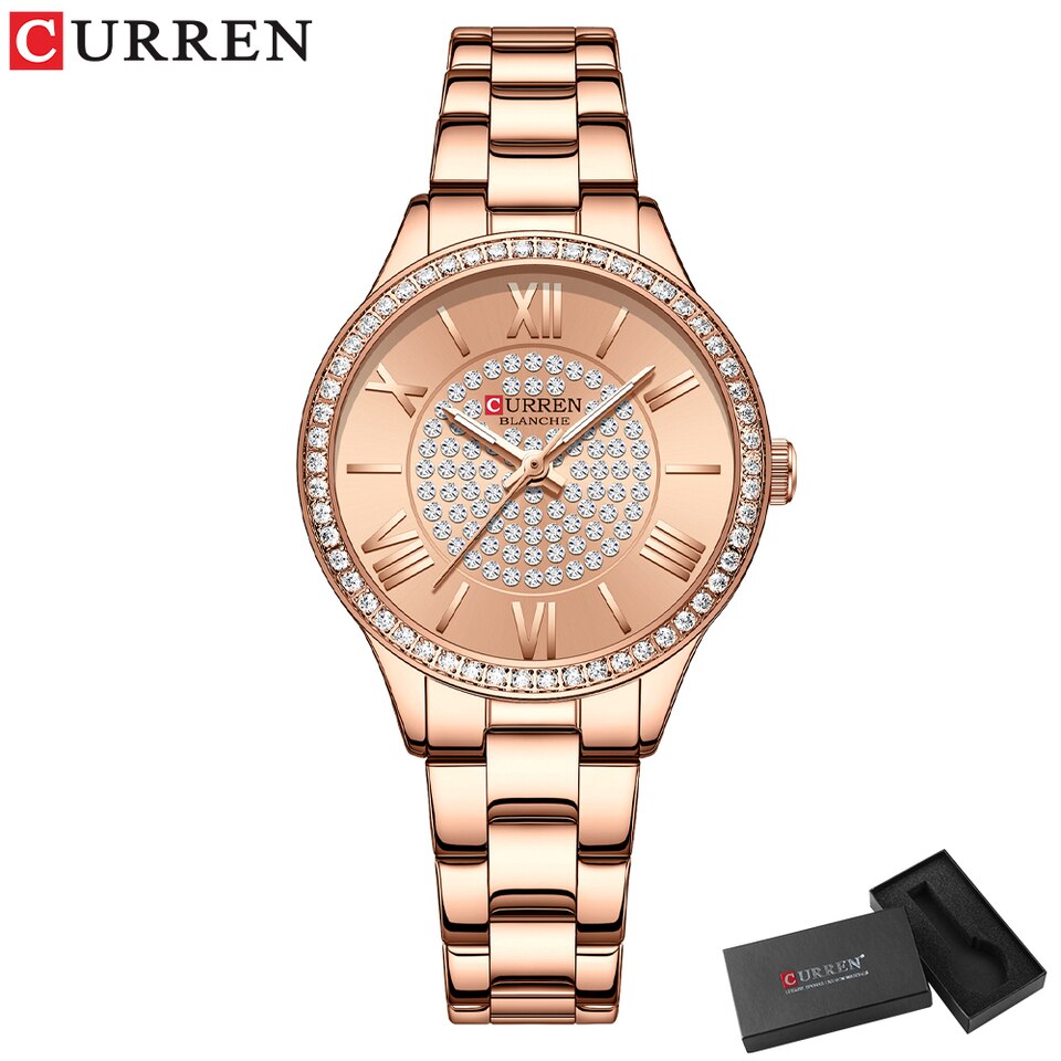 CURREN Luxury Rhinestones Rose Dial Fashion Watches with Stainless Steel Band New Quartz Wristwatches for Women