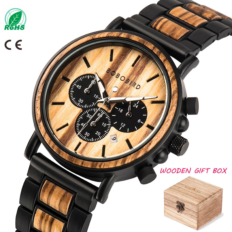 New Wooden Watch Men Stylish Wood Timepieces Chronograph Military Quartz Watches in Wood Gift Box