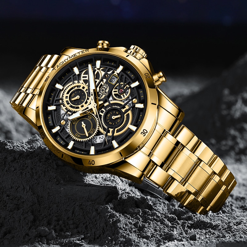 Quartz Watch Men Gold Black Mens Watches Top Brand Luxury Chronograph Sports Watches Luminous Waterproof Relogio Masculino