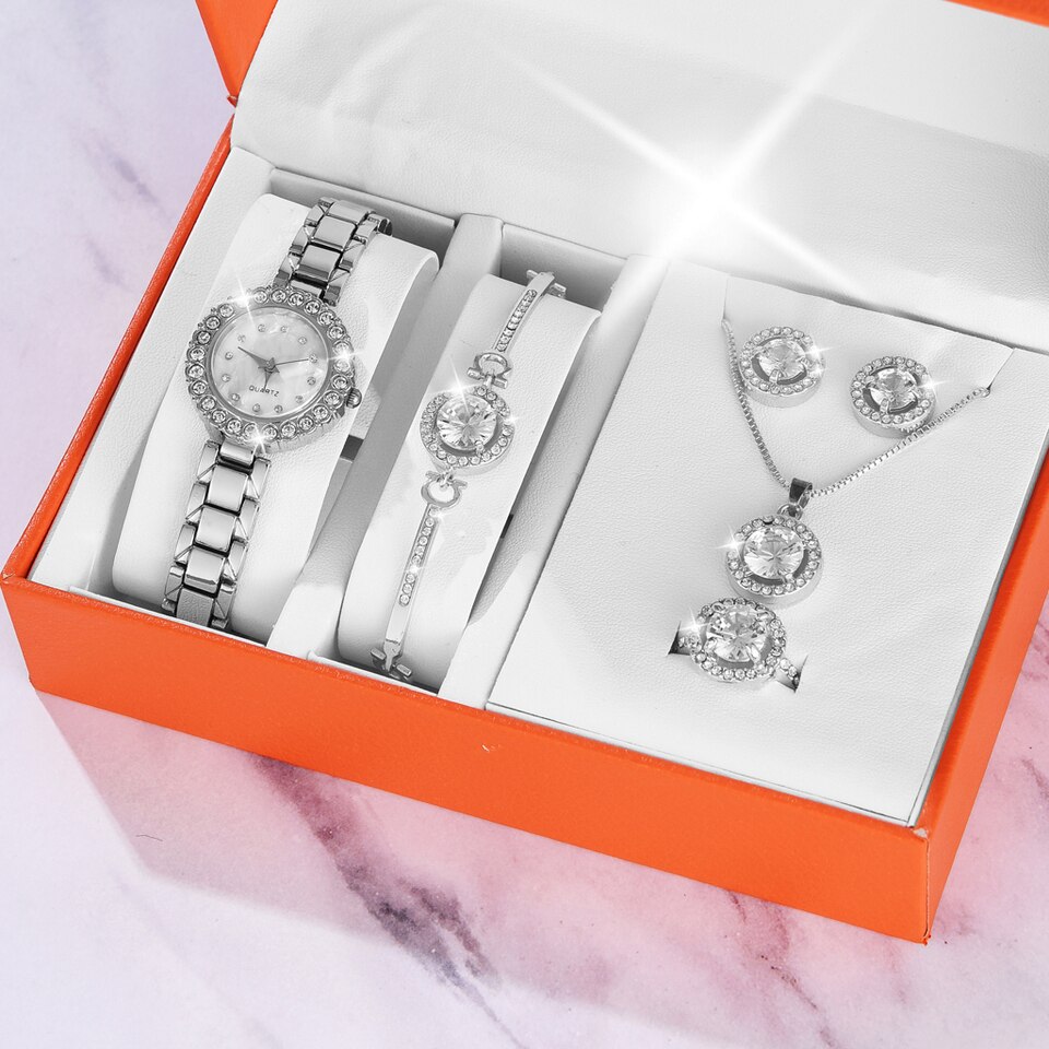 New Ladies Diamond Inlaid Steel Quartz Watch Bracelet Set Gift Box Set