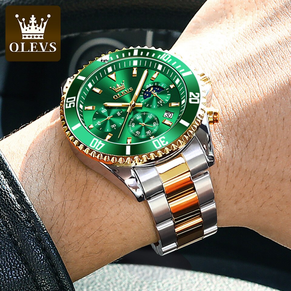 Men Watch Quartz Waterproof Luminous Stainless Steel Watch Green Sport Date Moon phase Wrist Watch for Men Reloj hombres