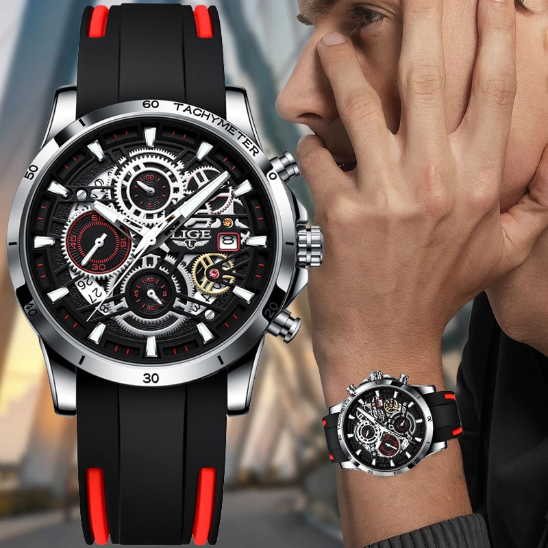 LIGE Mens Watches Brand Luxury Silicone Strap Waterproof Sport Quartz Chronograph Military Watch Men Clock Relogio Masculino+BOX
