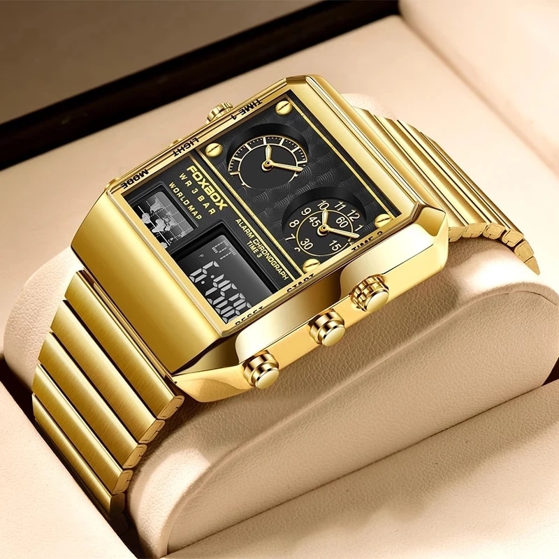 New Creative Square Watch Men Top Brand Luxury Digital Watch Fashion Dual Display Watches For Men Relogio Masculino+BOX