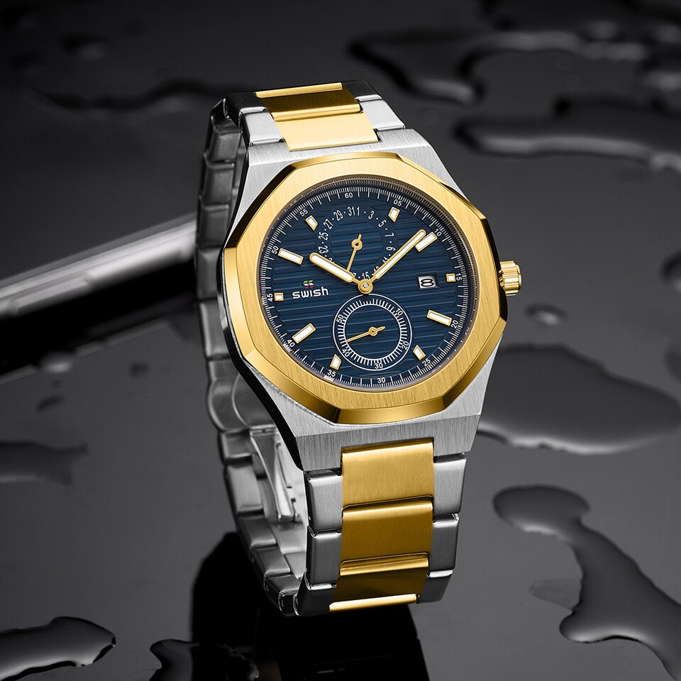Fashion Octagonal Chronograph Quartz Watches Men Top Brand Luxury Golden Stainless Steel Wristwatch Man Waterproof 3ATM