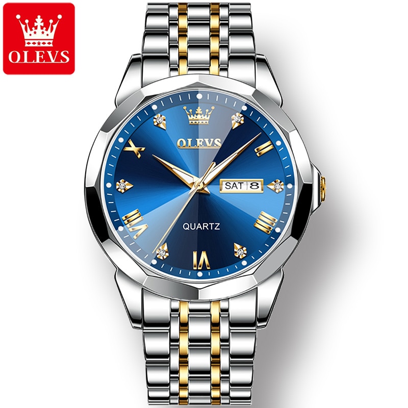 OLEVS 9931 Stainless Steel Strap Waterproof Men Wristwatch Business Dual Calendar Luxury Diamond Dial Quartz Watch for Men