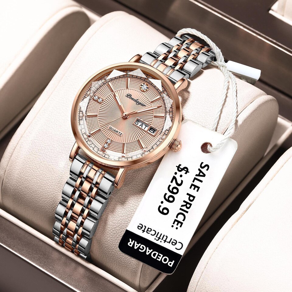 New Women Watch Rose Gold Fashion Quartz Watches Top Brand Luxury Ladies Wristwatch Waterproof Date Week Girlfriend Gift