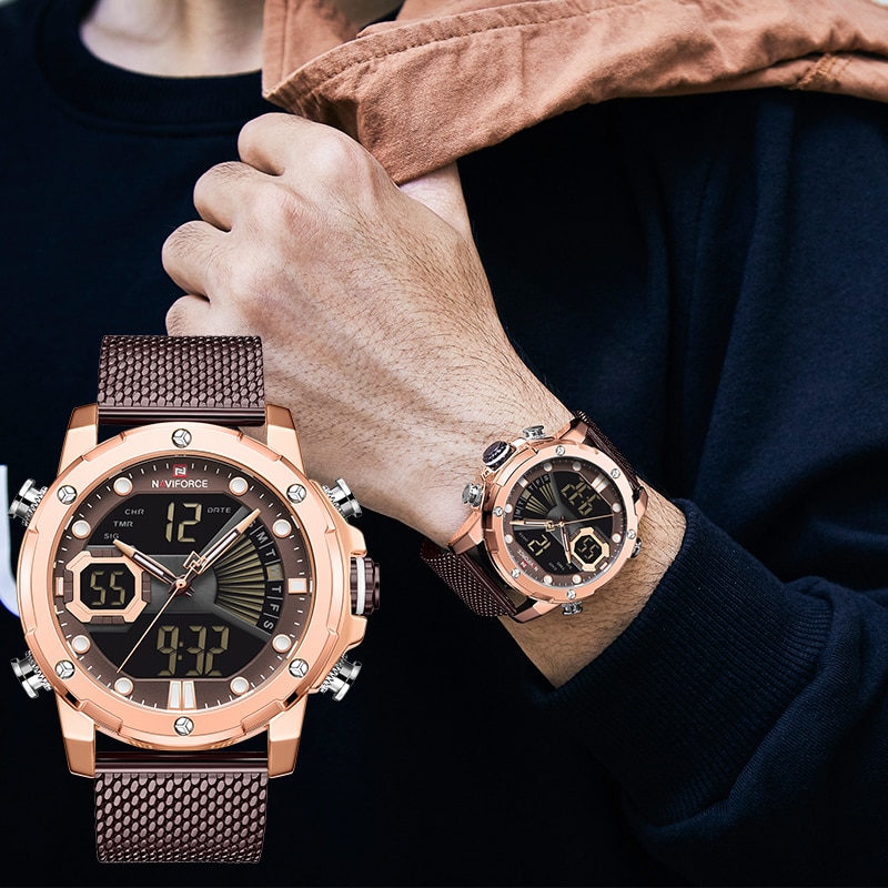 Original Watches For Men Luxury Brand Quartz Dual Display Military Sports Wrist Watch Mesh Steel Band Waterproof Clock