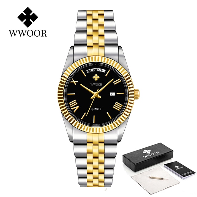 New Gold Watches Mens Luxury Stainless Steel With Calendar Warter proof Male Clock Week Quartz Wristwatch Relogio Masculino