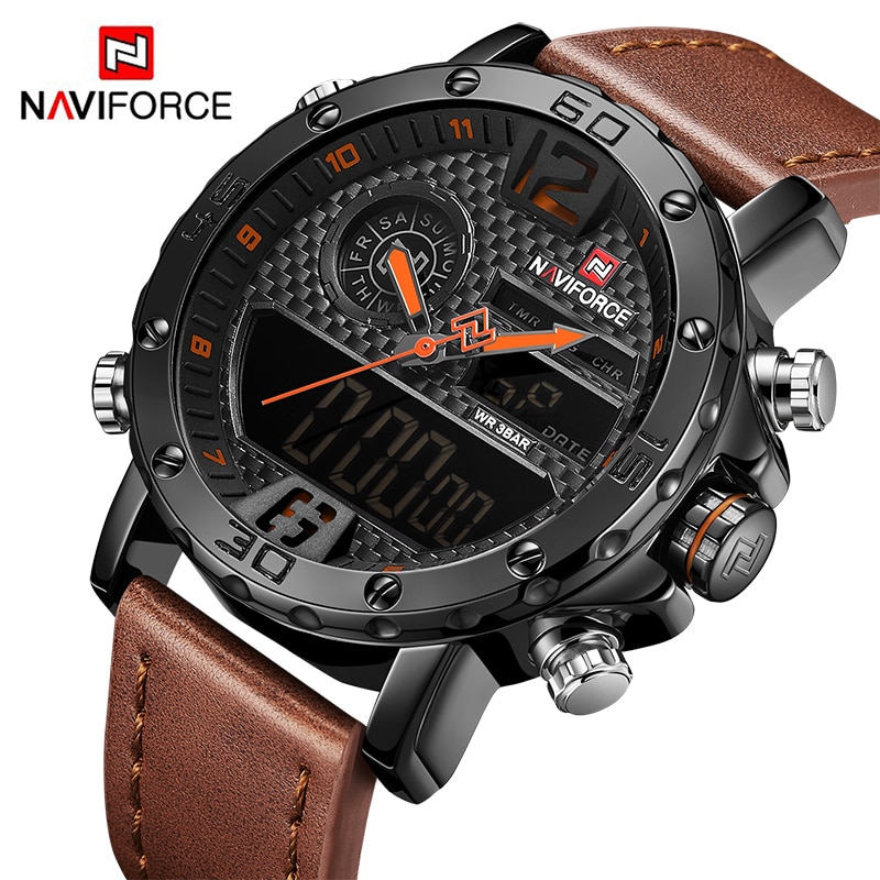 Men Watches To Luxury Brand Men Leather Sports Watches NAVIFORCE Men Quartz LED Digital Clock Waterproof Military Wrist Watch
