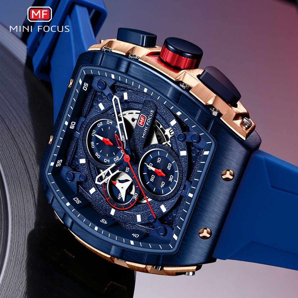 New Sport Chronograph Quartz Watch for Men Fashion Blue Silicone Strap Tonneau Dial Wristwatch with Date 3atm Waterproof