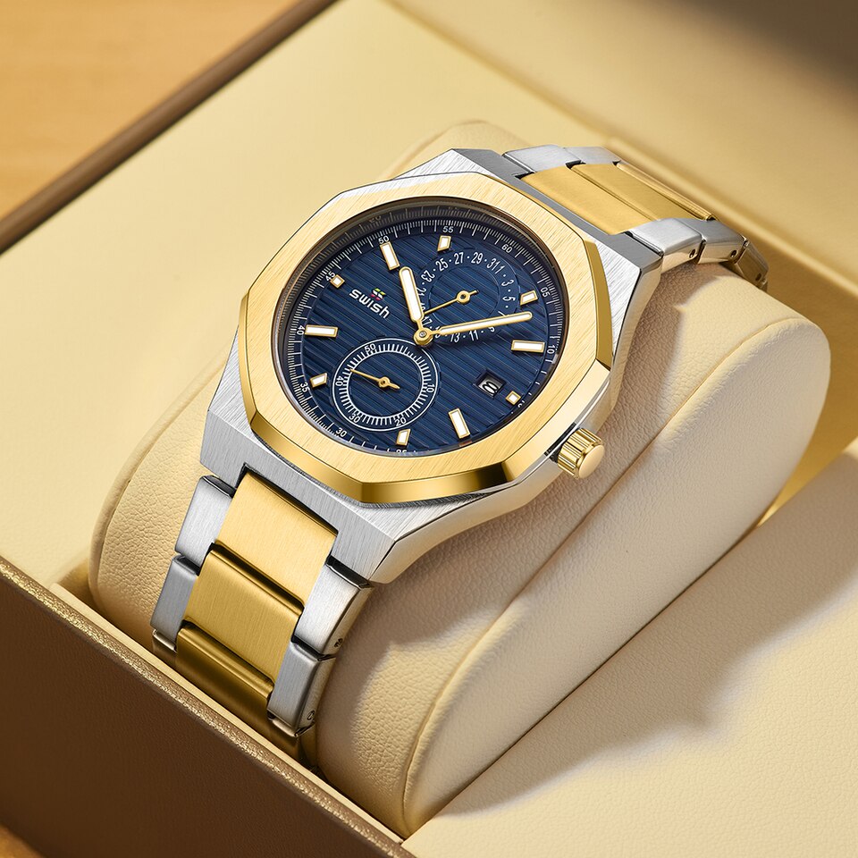 Fashion Octagonal Chronograph Quartz Watches Men Top Brand Luxury Golden Stainless Steel Wristwatch Man Waterproof 3ATM