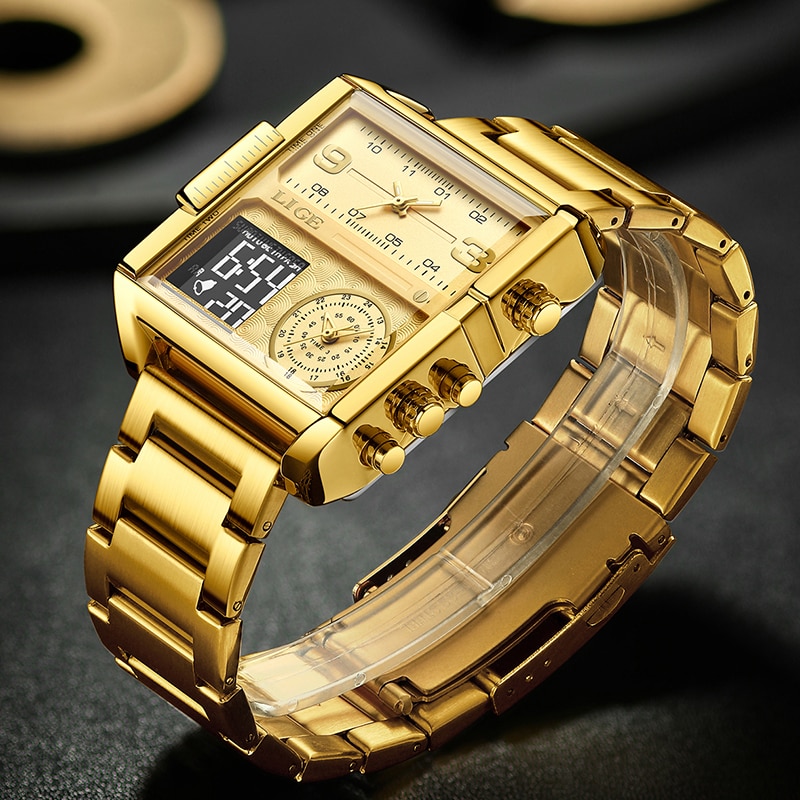 Original Men Sports Wrist Watch Gold Quartz Steel Waterproof Dual Display Clock Watche Relogio Masculino For Men