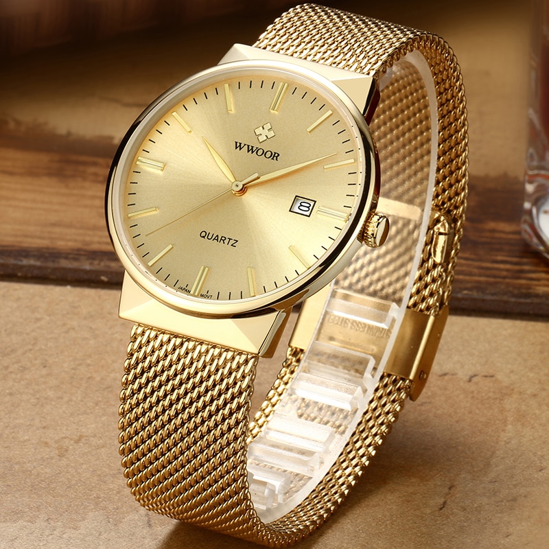 Men Simple Slim Watches Luxury Brand Gold Steel Mesh Ultra Thin Waterproof Date Wrist Watch Men Golden Clock With Box