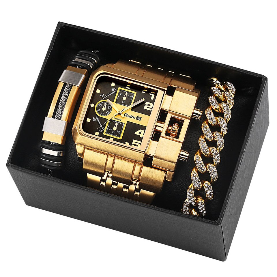 New Men Quartz Watch and Bracelet Set Business Gold Stainless Steel Big Dial Wristwatch Gift for Men Reloj Hombre