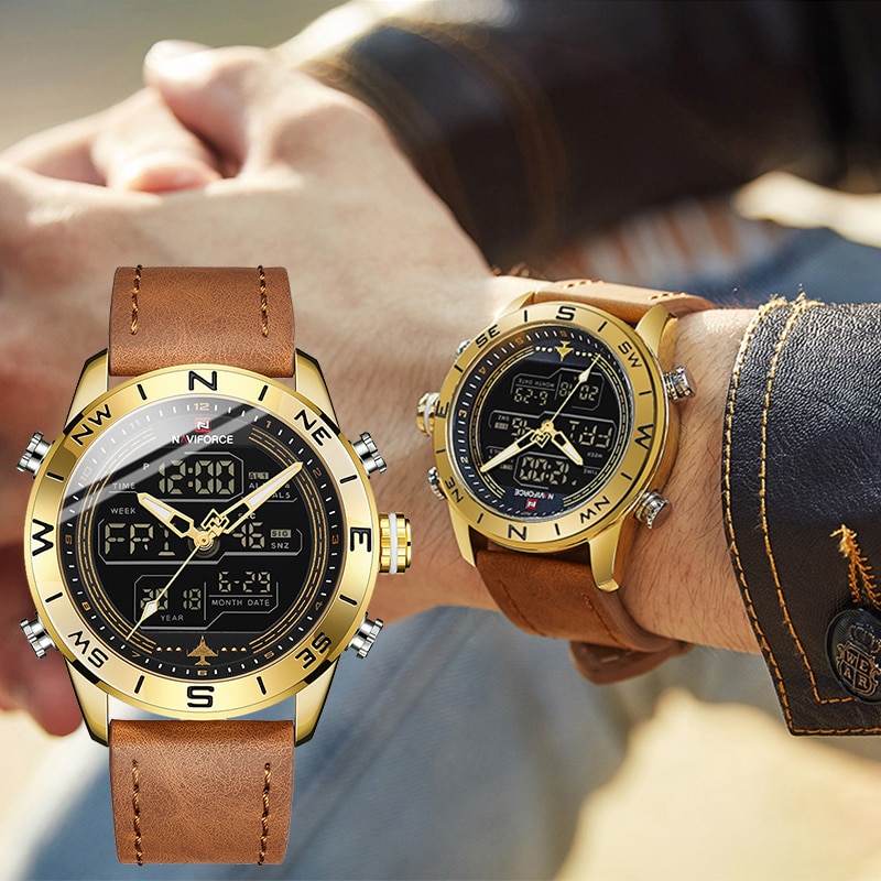 Luxury Brand Men NAVIFORCE 9144 Army Military Watch Digital Leather Sport waterproof Watches Quartz Men Clock Relogio Masculino