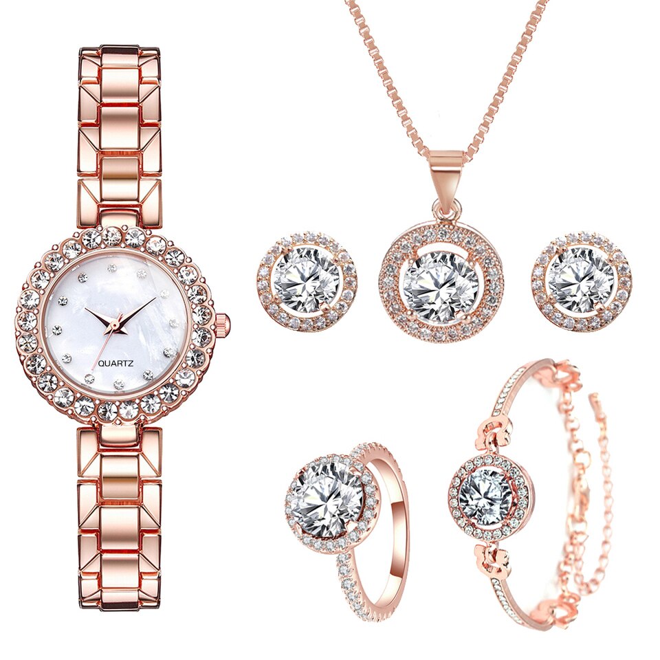 New Ladies Diamond Inlaid Steel Quartz Watch Bracelet Set Gift Box Set