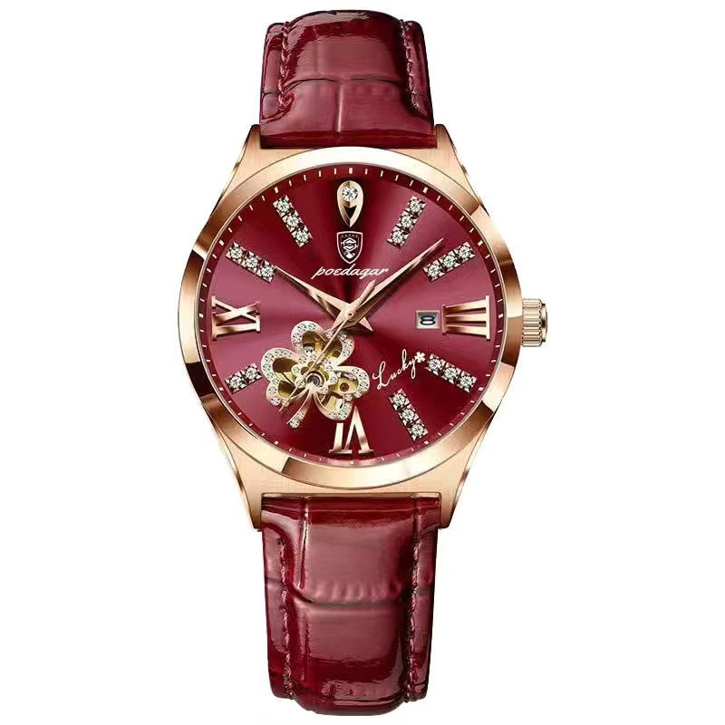 Women Diamond Leather Quartz Wristwatch Waterproof Luminous Rose Gold Wine Red Ladies Watches