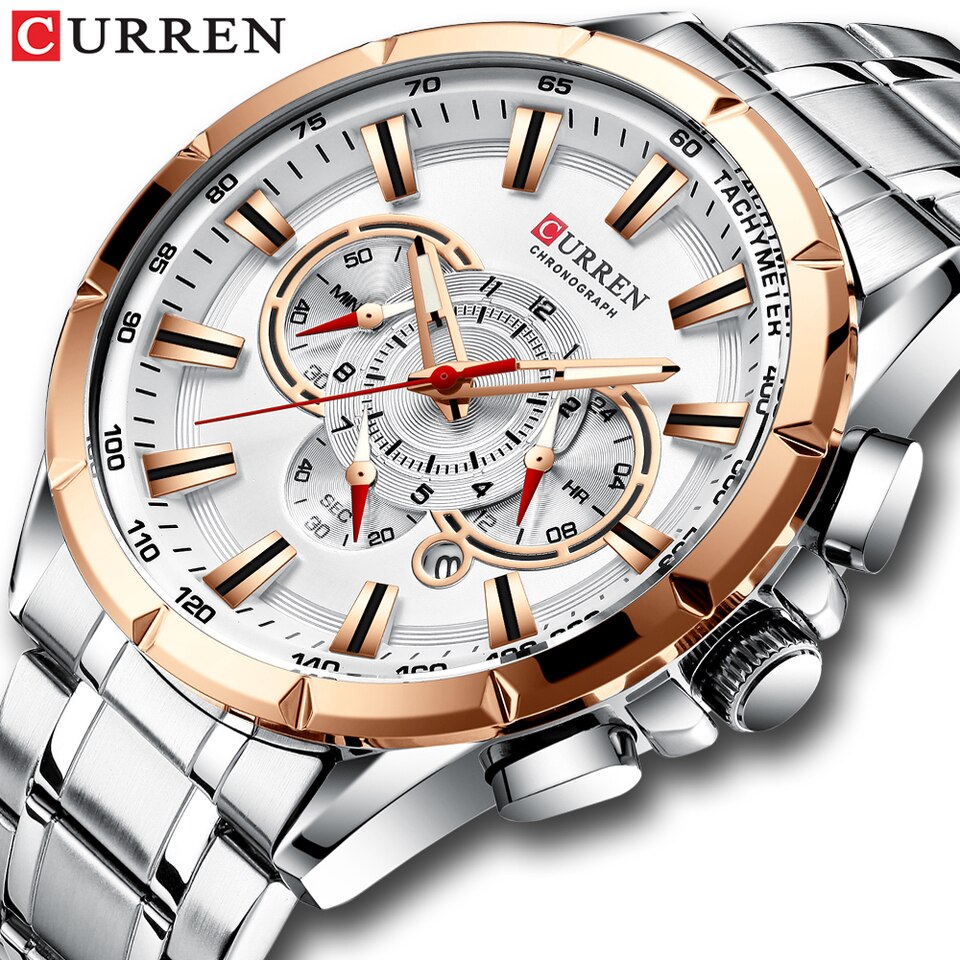 Men New CURREN Casual Sport Chronograph Men Watch Stainless Steel Band Wristwatch Big Dial Quartz Clock with Luminous Pointers