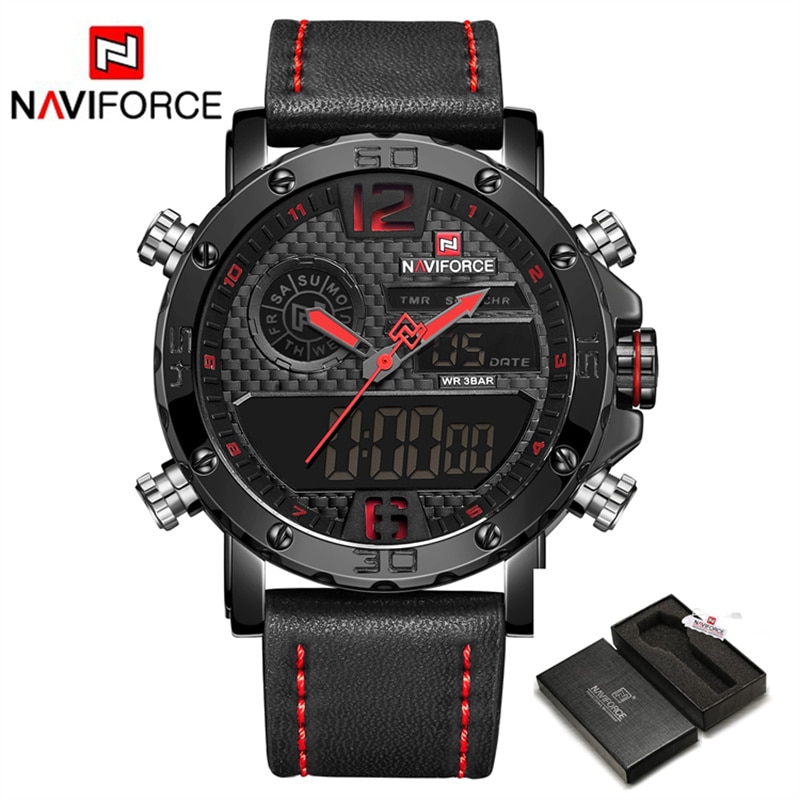 Men Watches To Luxury Brand Men Leather Sports Watches NAVIFORCE Men Quartz LED Digital Clock Waterproof Military Wrist Watch