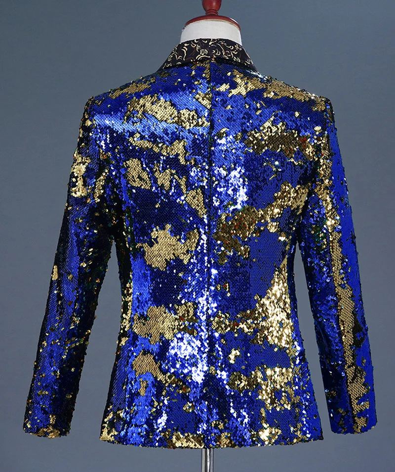 New Luxury Royal Blue Sequin Dress Blazer Men Nightclub Stage Shawl Collar Mens Suit Jacket