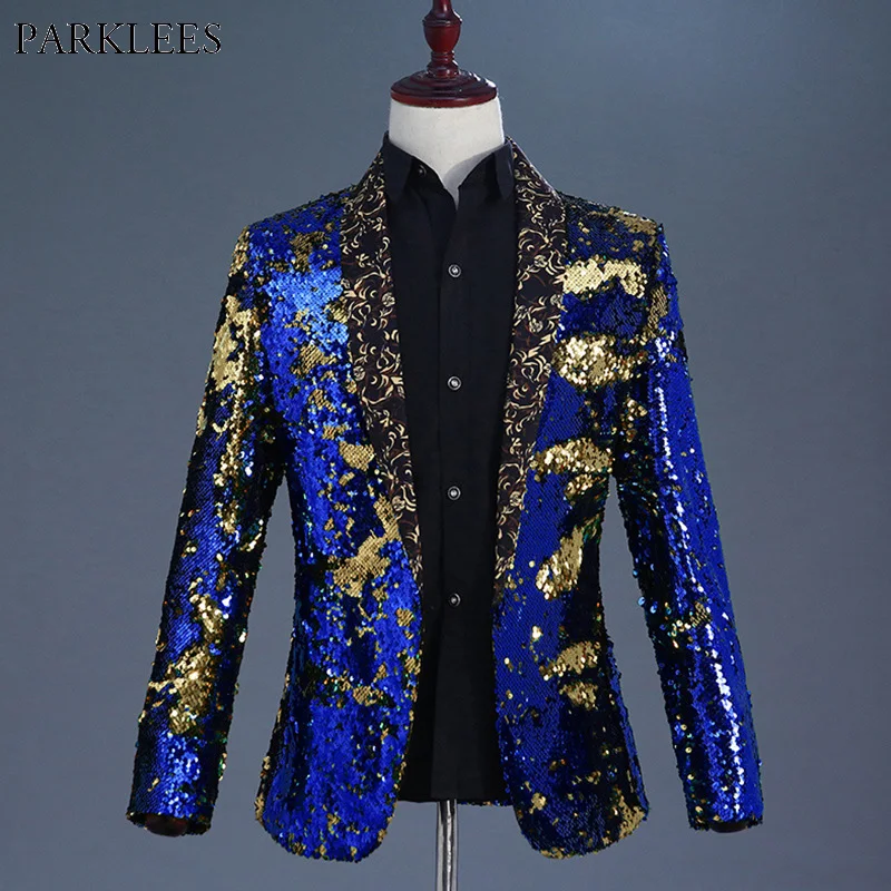 New Luxury Royal Blue Sequin Dress Blazer Men Nightclub Stage Shawl Collar Mens Suit Jacket